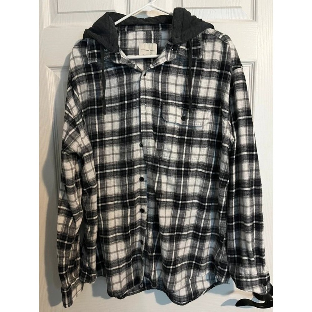 American Eagle Black & White Flannel Shacket w/ Detachable Hood